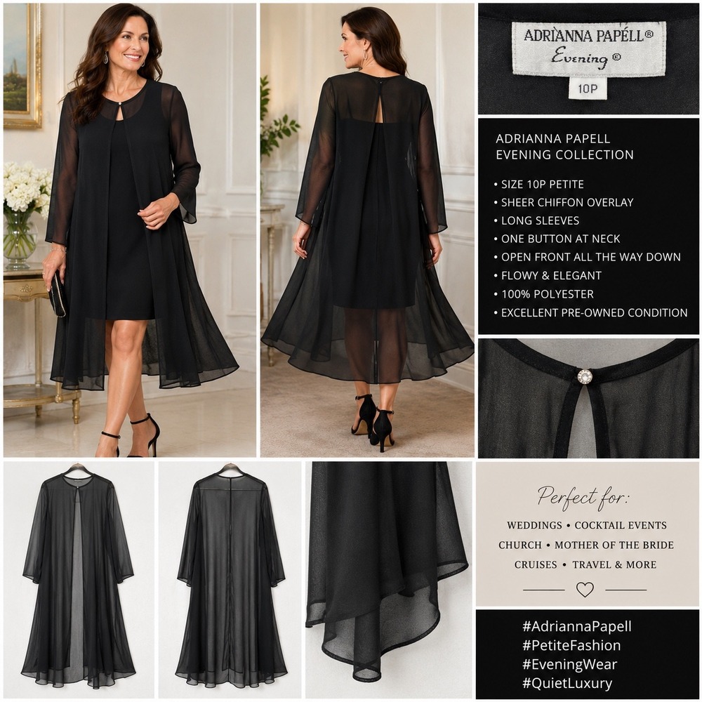 Adrianna Papell Petite 10P Black Sheer Open Front Chiffon Jacket Topper